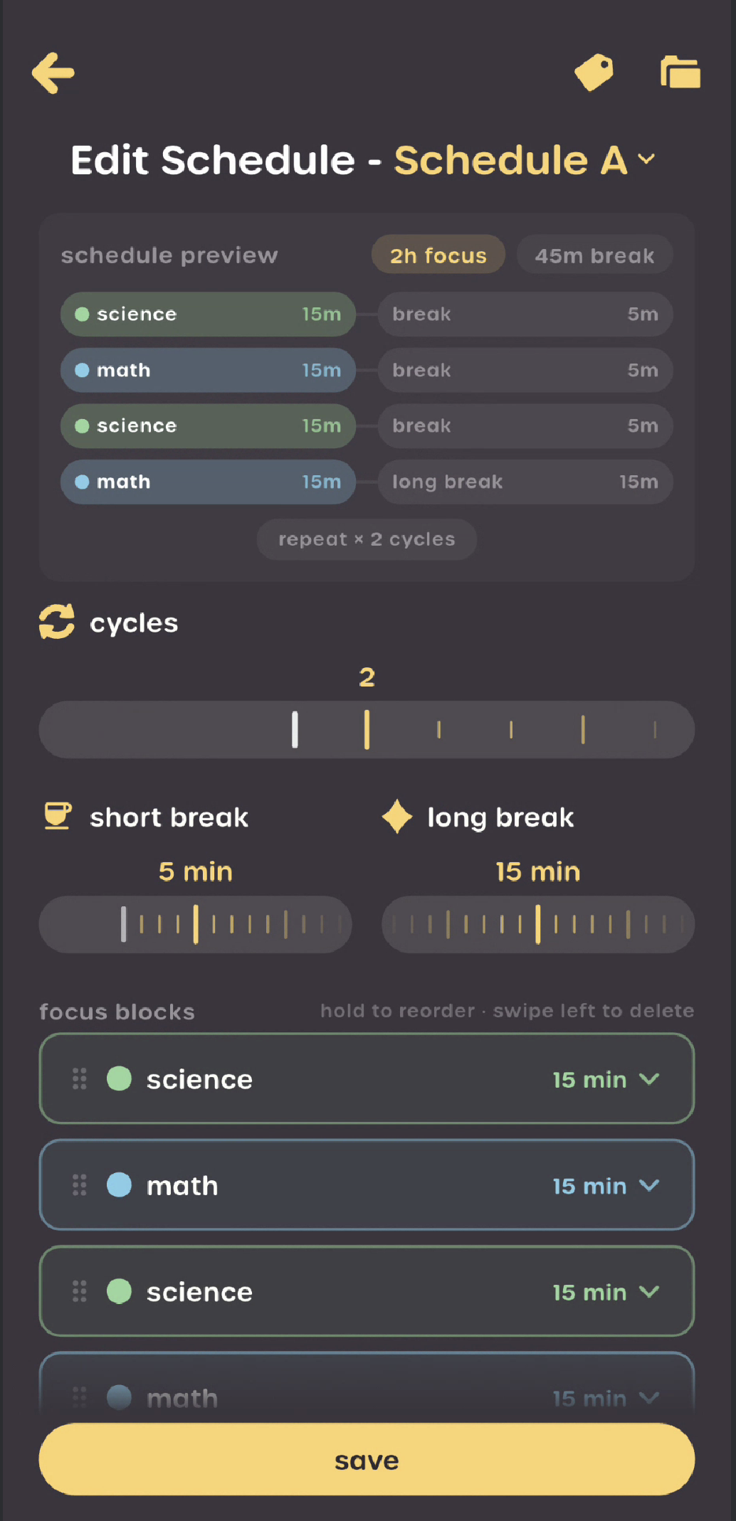 Custom focus schedules with drag-and-drop blocks